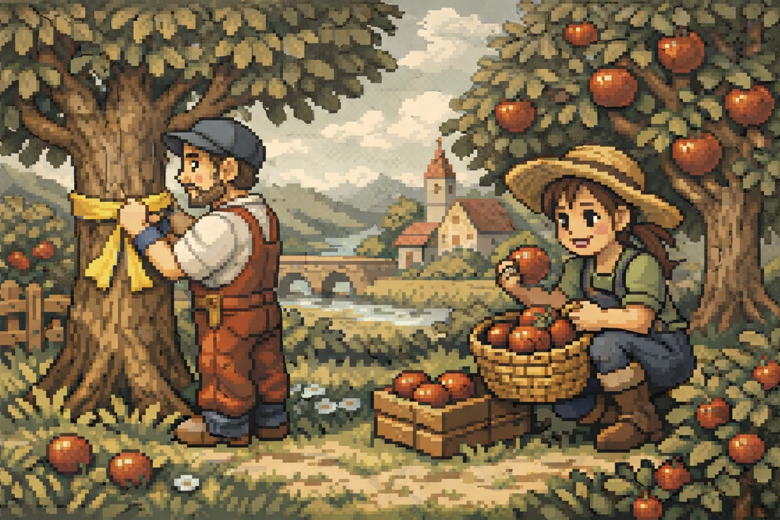 Pixelart-Illustration im SNES-Stil: Zwei erwachsene Dorfbewohner in einem Obstgarten. Eine Person bindet ein gelbes Band um einen Apfelbaum, während eine andere Äpfel in einen Korb erntet. Im Hintergrund sind eine Flusslandschaft, eine Brücke und ein Dorf zu sehen, dargestellt in gedeckten, warmen Farben.